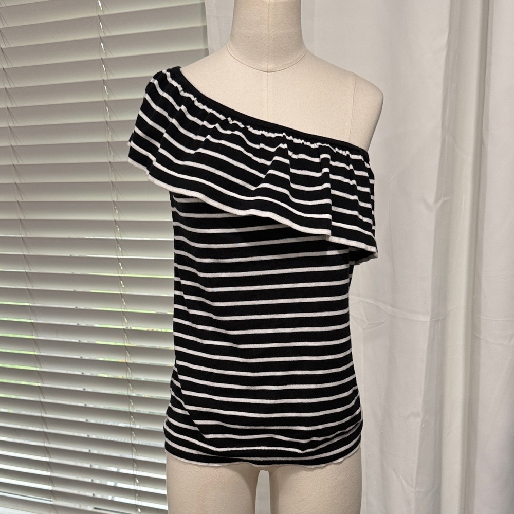 NWT J. CREW Ruffle One- Shoulder Black and White Striped Top MED